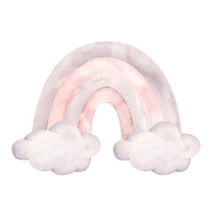 Pink dreams. Watercolor hand-drawn illustration with rainbow with clouds in pastel pink colors. Fairytale illustration for baby girl. For design baby shower, birthday, girls's parties and nursery.