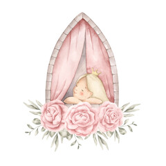 Pink dreams. Watercolor hand-drawn illustration with little princess girl is dreaming on the castle window with bouquet of pink roses and eucalyptus. Fairytale illustration for baby girl.