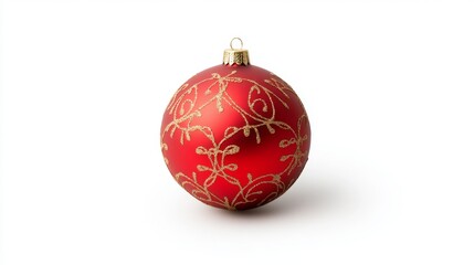 Elegant red and gold Christmas ornament, adorned with intricate patterns, softly shadowed against a clean white backdrop.
