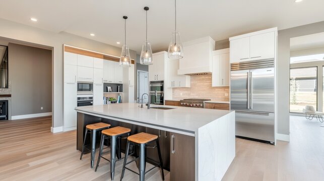 Sleek minimalist kitchen featuring integrated appliances, spacious island with storage and seating, smooth cabinetry, high-end finishes