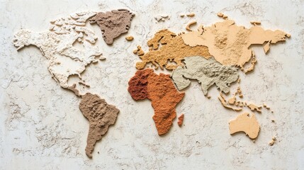Textured spice world map, vibrant color gradient, finely ground herbs and spices, intricate details, culinary art representation