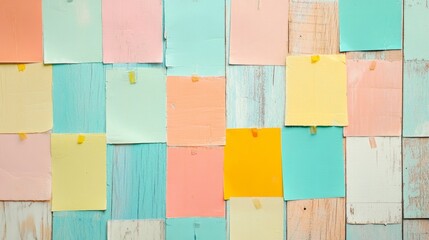 Pastel Sticky Notes on Rustic Wood, a vibrant arrangement of colorful notes creating a lively pattern on a textured wooden background