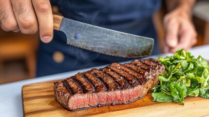 Sizzling Steak Delight, succulent steak with vibrant salad, balsamic drizzle, culinary elegance on a plate, appetizing presentation