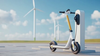 Electric scooter charging at a station, wind turbines in the background, showcasing renewable energy integration, modern transportation solution