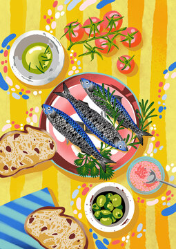 Mediterranean Illustration with Sardines, Olives, Tomatoes and yellow Table Setting