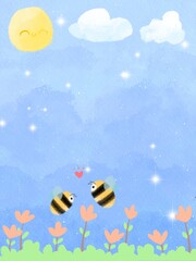 bees and honey in garden background 