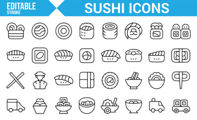 Editable Icon Set for Sushi | Nigiri, Maki, Rolls, and Japanese Food Symbols