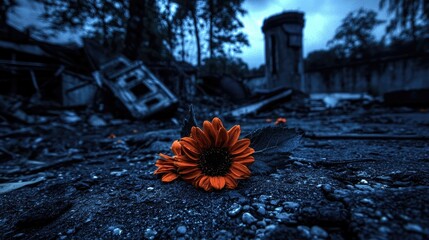 Orange Flower on Ground in Dark Ruined Building Landscape
