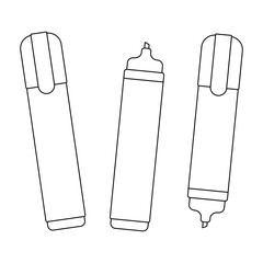 Coloring page with contour drawing of set stationery with highlighter markers vector illustration. For entertaining kids, back to school or education black and white design, DIY craft, classroom decor