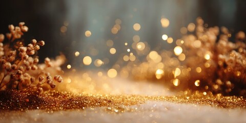 Naklejka premium Golden Glitter Background with Dried Flowers