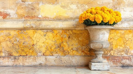 Yellow Flowers in Stone Pot Against Weathered Wall