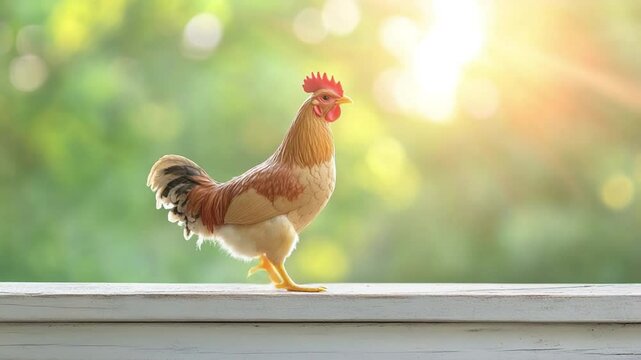 Sunrise Stroll: A vibrant rooster, bathed in morning light, confidently struts along a wooden ledge, embodying rural charm and natural beauty. 