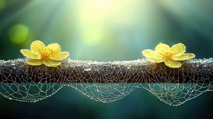 Yellow Flower with Spiderweb and Dew Drops