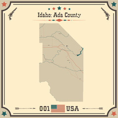 Large and accurate map of Ada County, Idaho, USA with vintage colors.