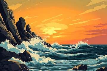 Vibrant sunset over rocky coastline with crashing waves and serene ocean backdrop