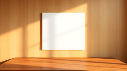 Wooden wall with a blank white poster, sunlight creating shadows on the surface
