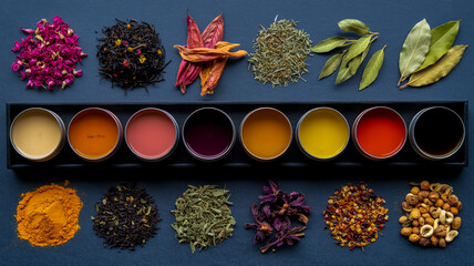 A top-down view of a colorful tea and spice display on a dark slate surface.