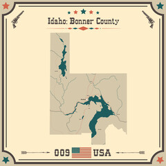 Large and accurate map of Bonner County, Idaho, USA with vintage colors.