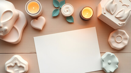 Aesthetic flat lay with candles, creams, and decorative objects on a light wooden surface.