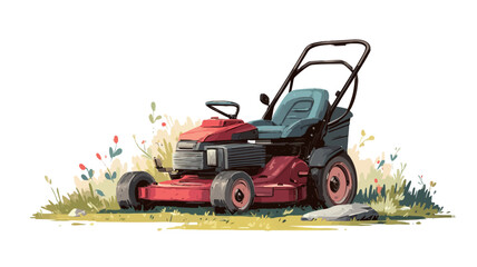 Obraz premium A digital illustration depicts a red lawn tractor positioned within a verdant setting. The tractor, rendered in a style that blends realistic detail with painterly effects, features a dark gray