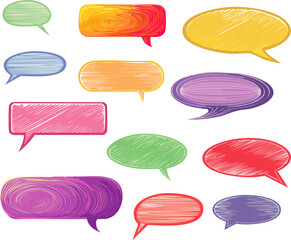Colorful speech bubbles, perfect for illustrating communication, dialogue, or thoughts. Each bubble has a unique shape and color, offering versatility for design and content