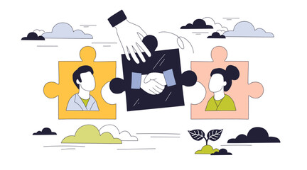 Mediation concept shows two people connected by handshake puzzle piece, symbolizing agreement and conflict resolution. Doodle style