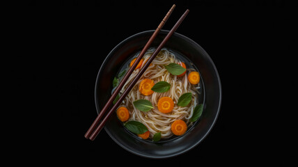A top-down view of a Vietnamese Pho soup in a matte black ceramic bowl against a black background.