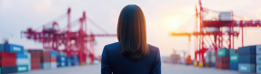 Businesswoman looking at shipping container port with cranes at sunset, symbolizing industry and logistics success