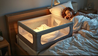 Obraz premium Woman relaxing in bed beside a newborn baby in a crib 