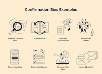 Confirmation bias is shown through selective evidence, echo chambers, and ignored data, illustrating how beliefs are reinforced. Doodle style