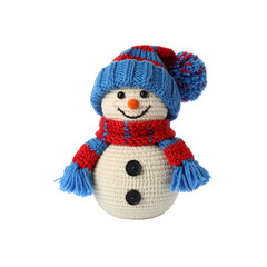A cute crocheted snowman doll wearing a blue and red knit hat with a pom-pom and matching scarf, featuring button eyes and a carrot nose.