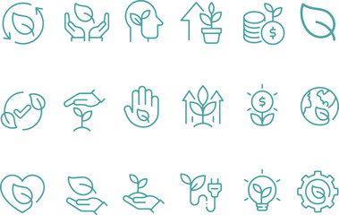 Thin line icon set of plants. Symbol collection of plant leaf recycling seedling green energy planet earth ecology environment. Pixel perfect icons editable stroke.