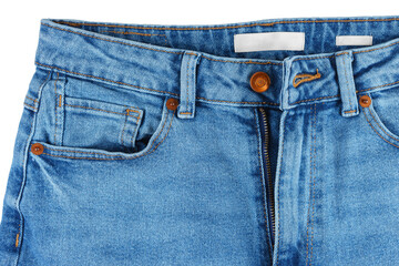 Front side of blue jeans pants. Design details, metal button, waistband, pocket and small pocket close up, macro. Wallpaper, background. Fashion concept, casual wear, business, shopping, sale