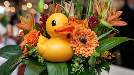 Yellow Duck in Orange Flower Arrangement