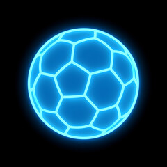A glowing neon blue soccer ball with hexagonal patterns, against a black background.