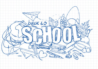Hand-drawn illustration in the style of a doodle on the background of a notebook sheet and a variety of school subjects