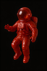 A translucent red figurine of an astronaut floating against a black background.