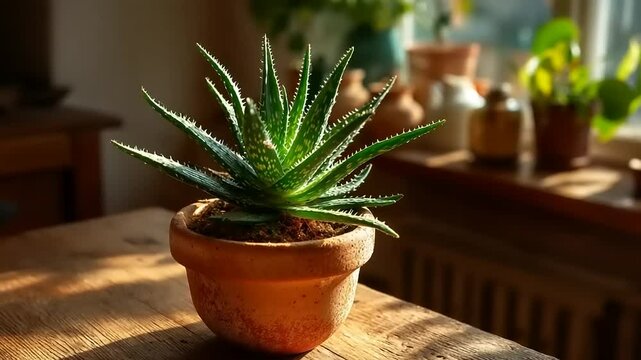 A vibrant green succulent plant in a rustic terracotta pot on a wooden table beside a sunlit window