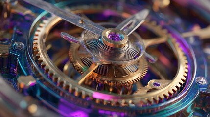 holographic clock tower blending antique gears with digital neon lights