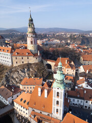 Cesky Krumlov, Czech Republic: Aerial view of the castle tower and palace in the medieval Cesky Krumlov old town in Bohemia in Czech Republic.
