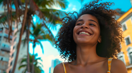 Smiling Woman with Curly Hair Under Palm Trees Outdoors

