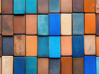 Colorful rectangular tiles arranged in textured artistic pattern with shades of blue, orange, and brown creating vibrant design
