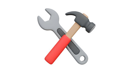 Toy Hammer and Wrench Crossed on White Background
