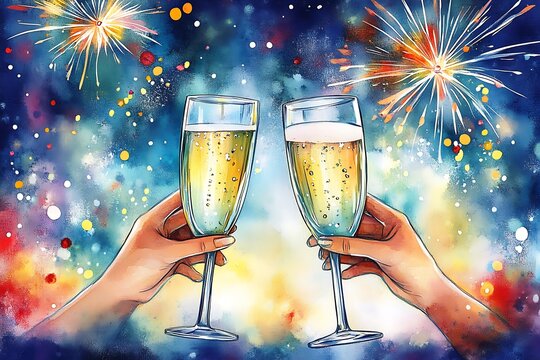 Cart&atilde;o de final de ano, estilo festividades. Duas tachas de espumante brindando desenhadas no canto da tela. Fundo com luzes desfocadas e fogos de artificio. Desenho estilo aquarela.

