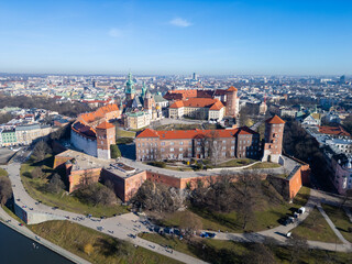 Krakow, Poland: Aerial view of the famous Wawel Royal Castle fort and cathedral on a sunny winter day in Poland.