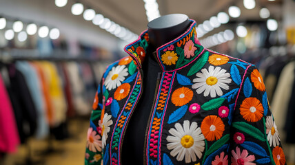 A vibrant floral embroidered jacket displayed on a black mannequin torso in a retail store setting