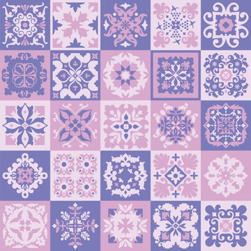Traditional Ornate Portuguese Decorative Tiles, Purple Pink Azulejo Mosaic Decor