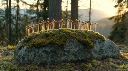 Mushrooms on Mossy Rock at Sunrise