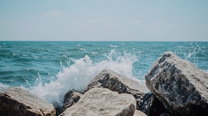 Ocean waves crashing against rocks on a sunny day.