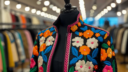 A vibrant floral embroidered jacket displayed on a black mannequin torso in a retail store setting
